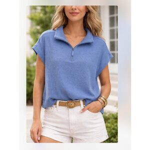 Sunnyside By Sundry Shirt Womens Medium Blue Waffle Knit Half Zip Cap Sleeve Top
